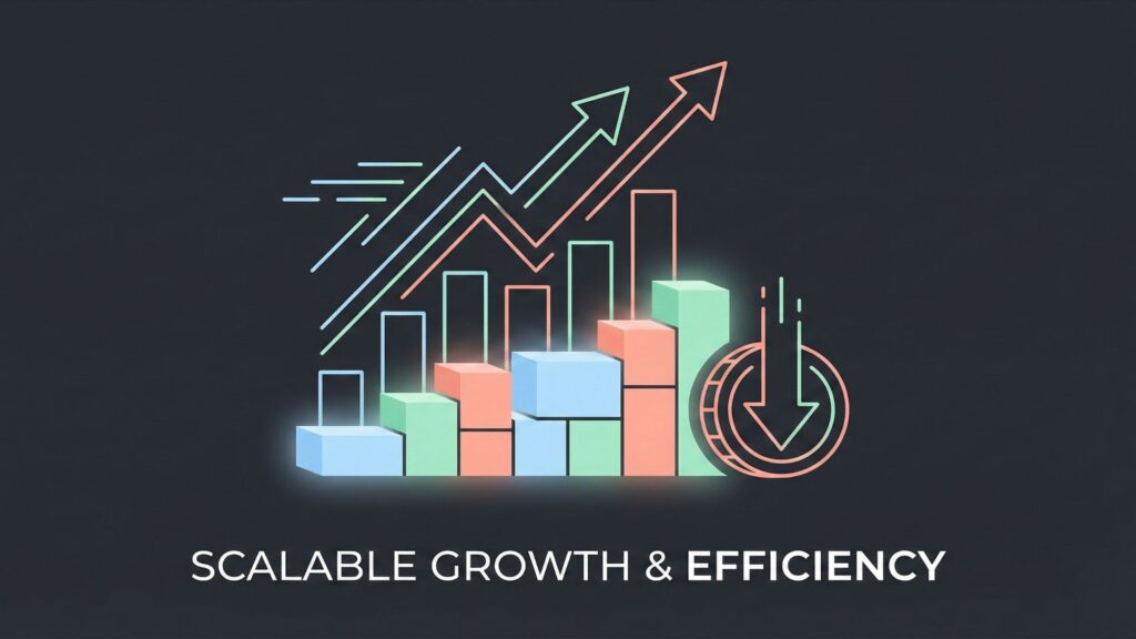 Rising bar chart with upward arrows and efficiency symbol, representing speed, scalability, and cost savings as strategic business outcomes.