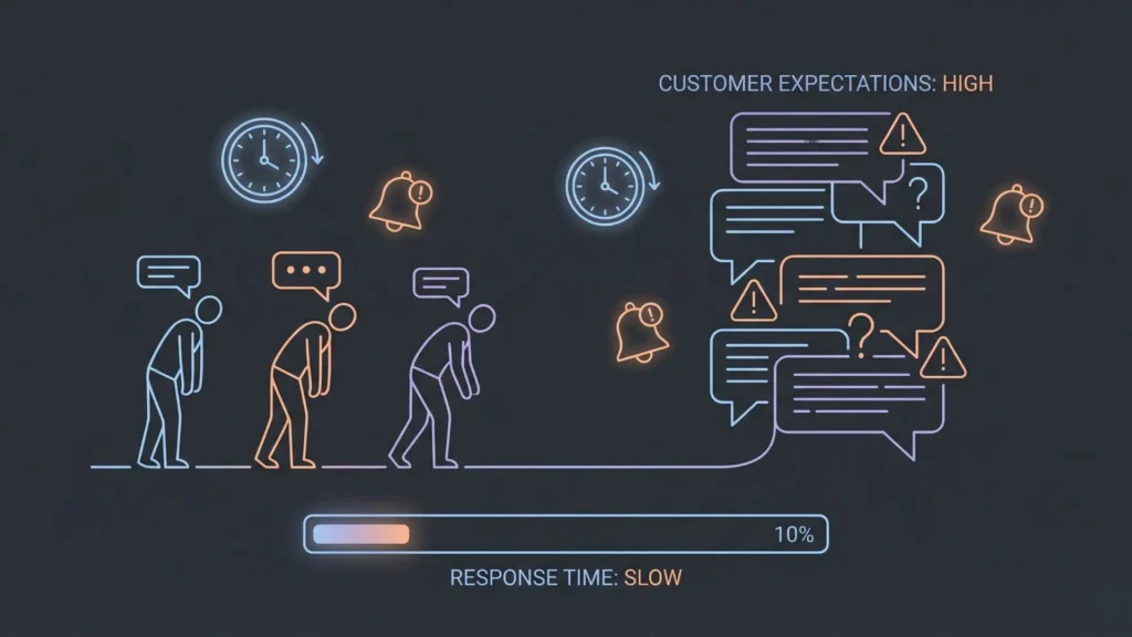 Neon line art illustrating overwhelmed customer support with stacking chat bubbles and clocks.