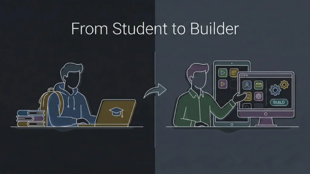 Dark mode line-art illustration showing the transition from student to digital product builder.