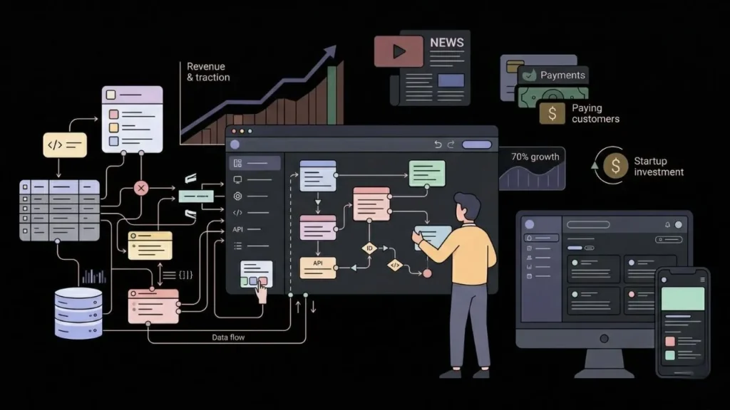 tech startup illustration showing data workflows revenue growth charts and software
