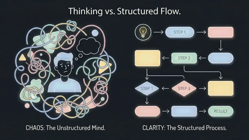 A graphic comparing a chaotic, unstructured mind to a clear, structured flowchart process.
