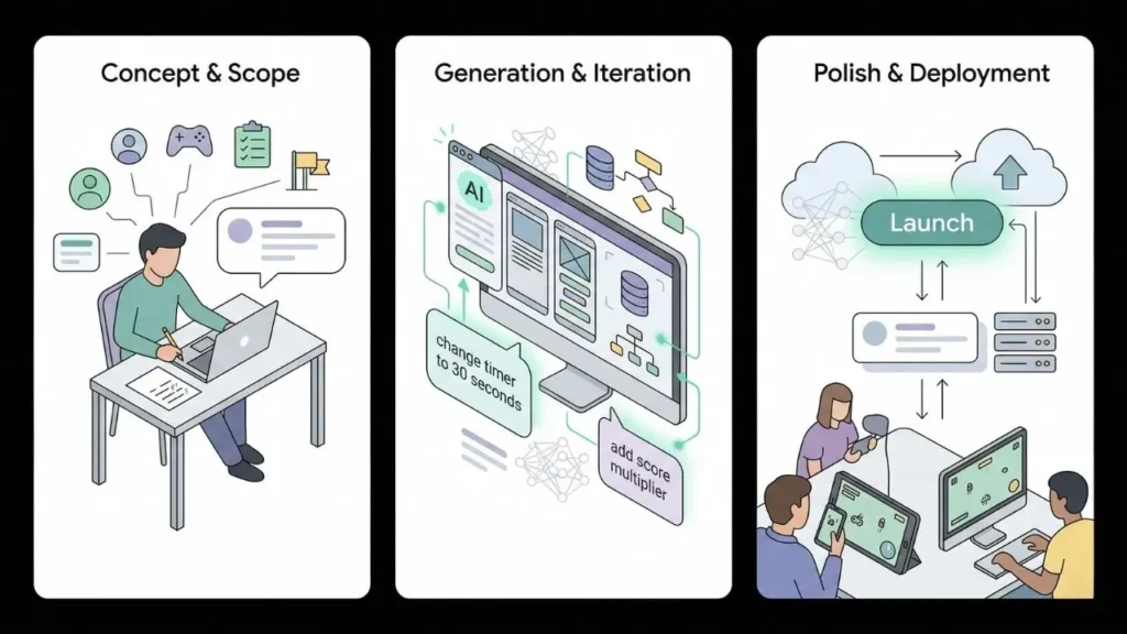 three stage software development workflow illustrating concept scope