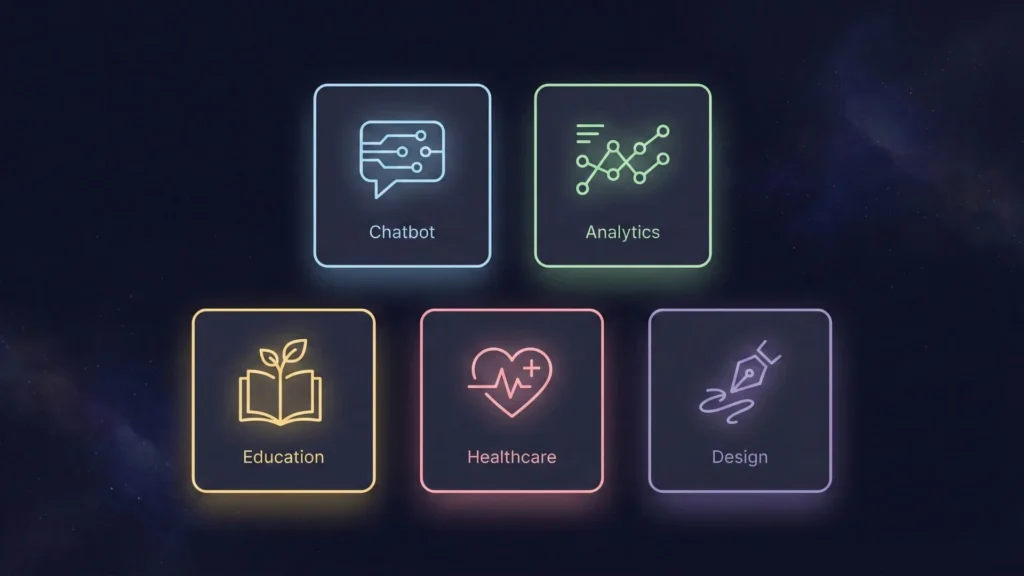 Icons representing AI app ideas including chatbot, analytics, education, healthcare, and design, illustrating popular artificial intelligence applications that can be built and monetized.