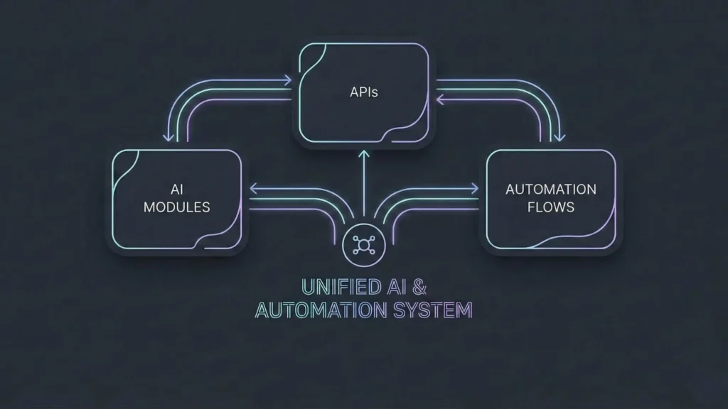 Minimal dark mode illustration showing interconnected AI modules and APIs forming a unified automation system.
