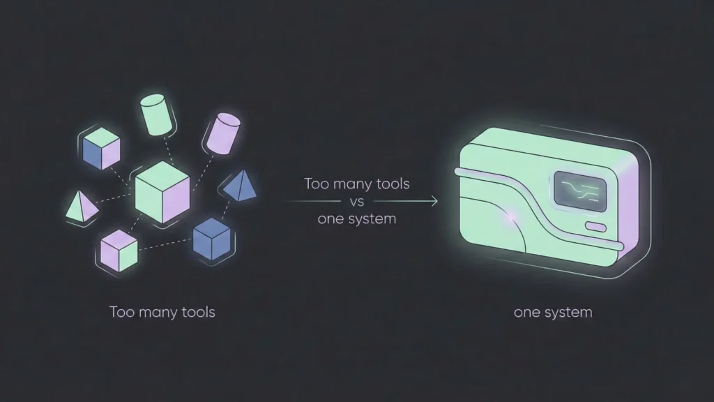 Minimalist dark-mode illustration comparing fragmented tool blocks with a single unified system in pastel mint and purple.