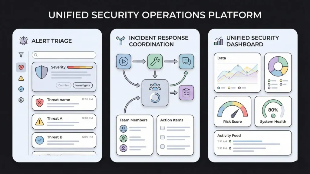 Vector illustration of a Unified Security Operations Platform's three-panel dashboard interface.