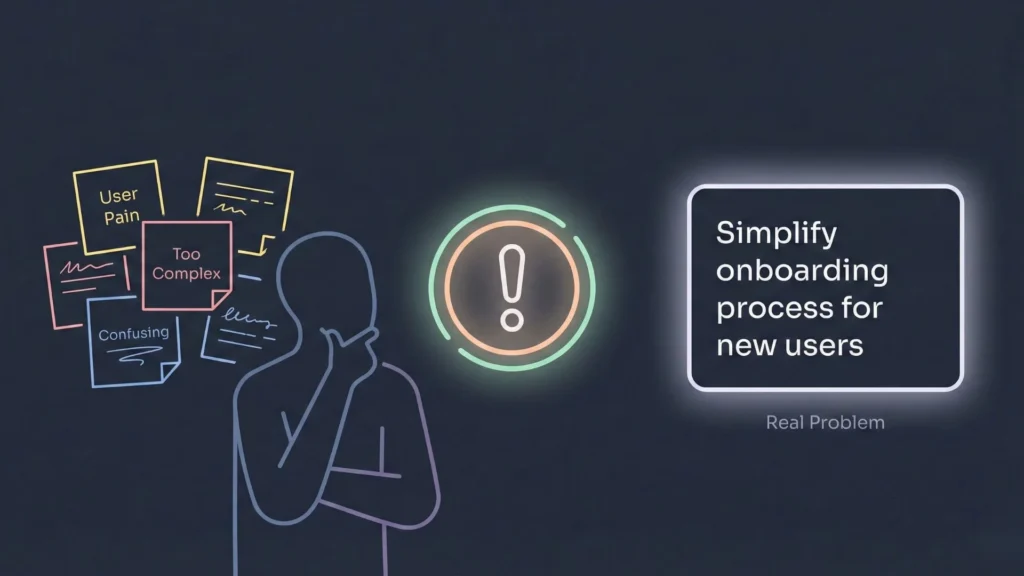 Minimal dark mode illustration of a founder clarifying messy user pain into a focused problem statement.
