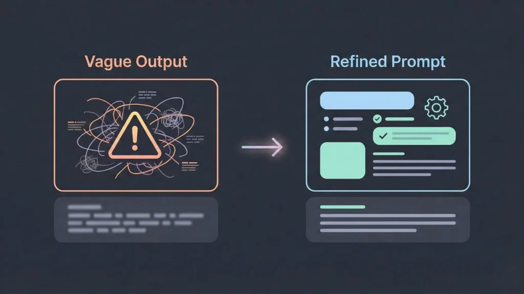 Dark mode illustration showing a messy "Vague Output" transforming into an organized "Refined Prompt."