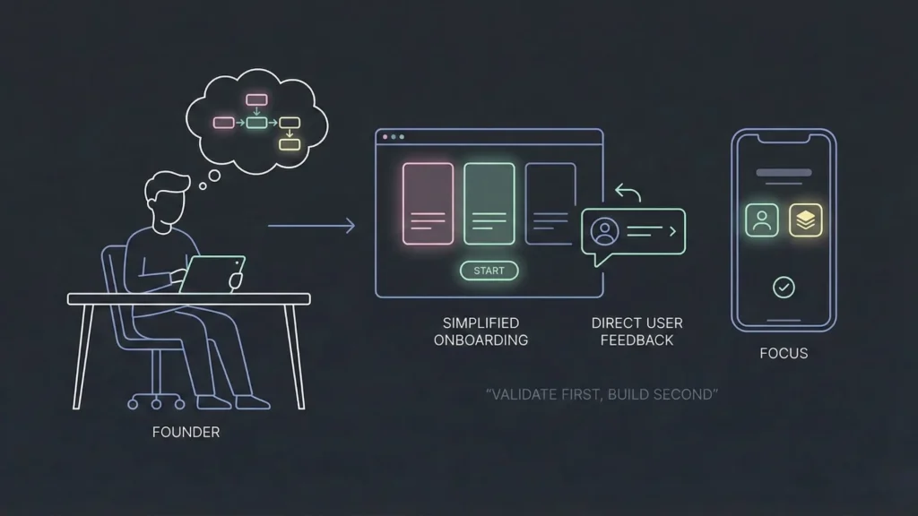 A dark-themed minimal line-art illustration showing a founder refining product focus and onboarding screens with the text "Validate first, build second."