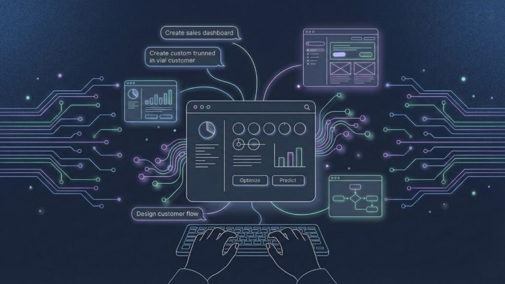 Developer typing while AI powered app dashboards, workflows, and charts are generated from natural language prompts, illustrating vibe coding and prompt engineering for applications.