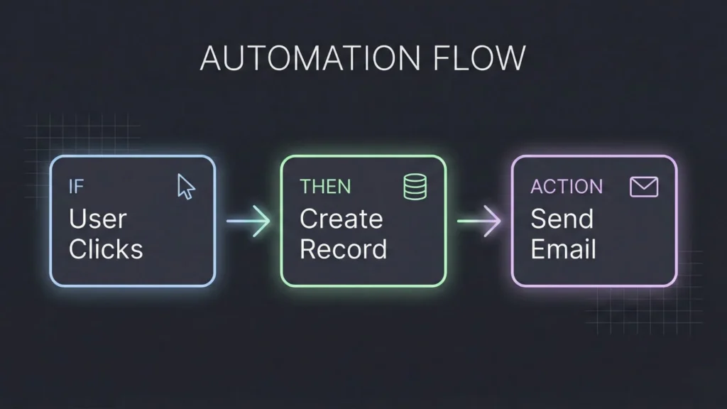 Minimal dark mode visual automation flow showing if-then-action logic blocks connected by arrows.