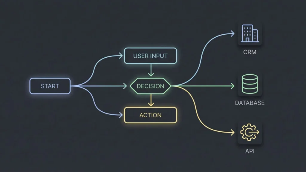 Dark mode visual workflow builder connecting app screens and databases in minimal line art.