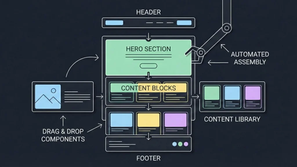 Line art diagram illustrating automated drag-and-drop website assembly.