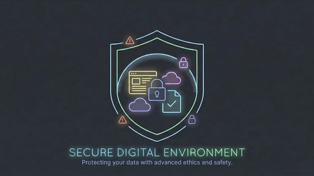 A shield protects abstract website icons with pastel neon lines.