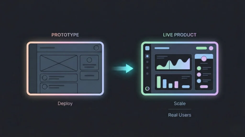 A diagram showing a hand-drawn wireframe of a website dashboard on the left, connected by an arrow to a finalized.