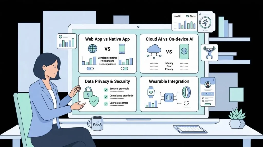 woman presenting saas development topics including ai app types data