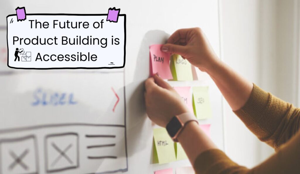 A person places colorful sticky notes labeled “Plan” and “Logo” on a whiteboard with wireframe sketches, alongside a text box that reads “The Future of Product Building is Accessible.”