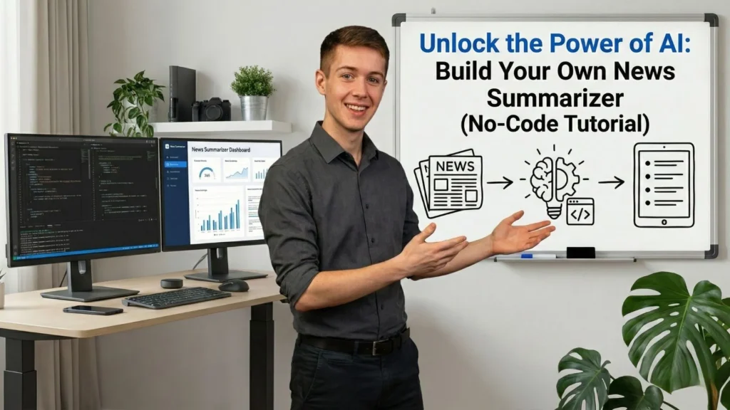A man presenting a no-code tutorial for building an AI news summarizer with ai