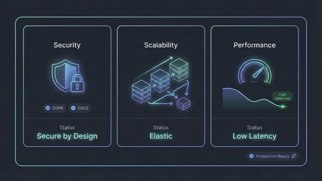 AI app builder architecture highlighting enterprise security, scalable infrastructure, and low-latency performance