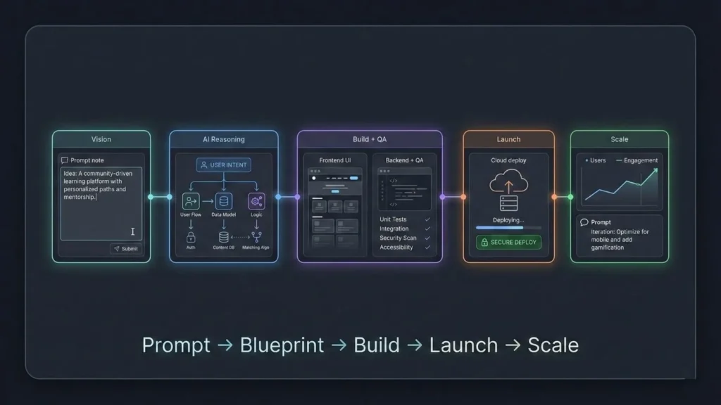 AI app builder workflow showing the process from prompt and blueprint to building, launching, and scaling an application