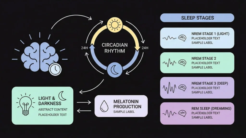 Diagram explaining the circadian rhythm, melatonin production, light and darkness impact, and NREM and REM sleep stages in the human sleep cycle.