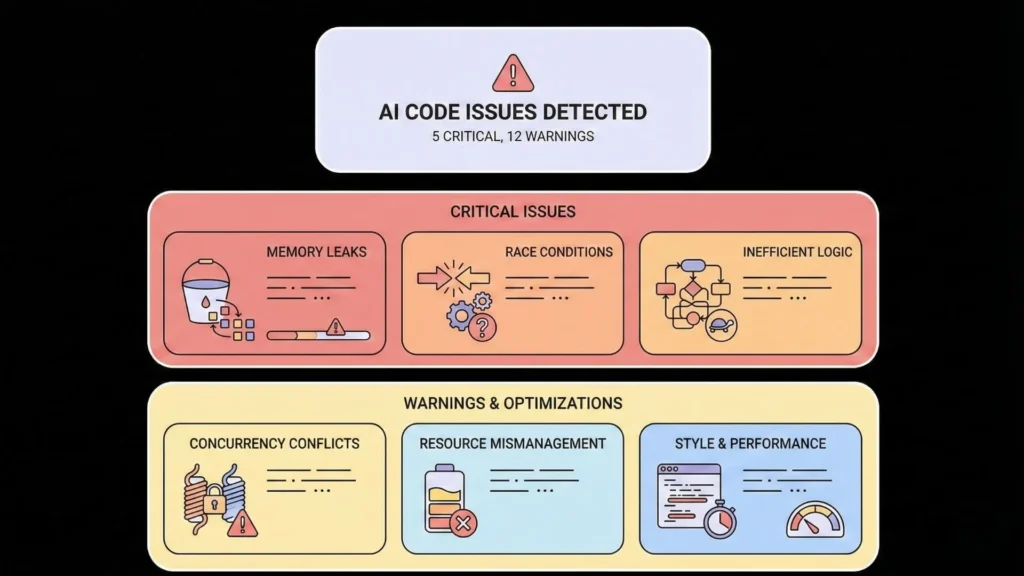 AI code analysis detecting critical issues and performance warnings