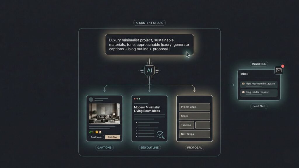 AI content studio generating social media captions, SEO blog outlines, and project proposals for interior design businesses based on a single prompt.