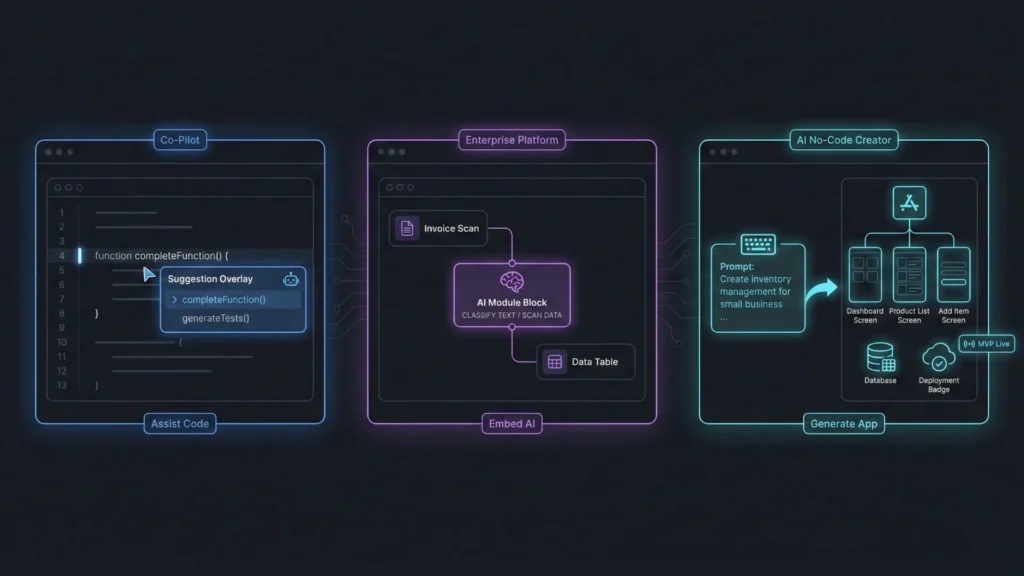 Evolution of AI tools showing progression from code assistance and embedded AI modules to full AI-driven no-code app generation from text prompts.