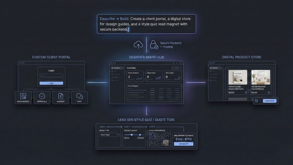AI-powered no-code platform creating custom client portals, digital product stores, and style quiz lead generation tools for interior designers.