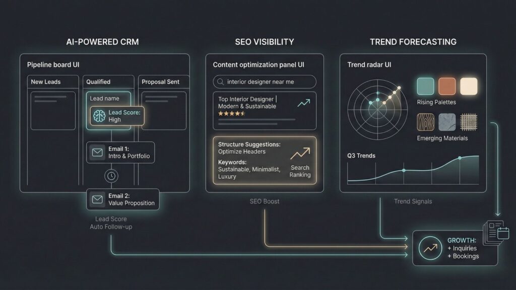 AI tools for interior designers showing lead management dashboards, SEO optimization insights, and trend forecasting for business growth.