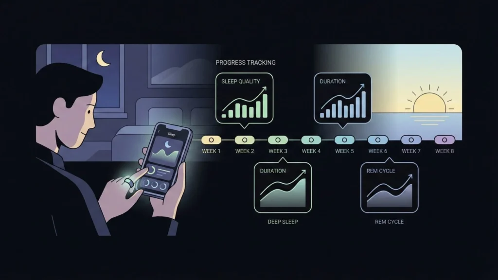 AI sleep coach app showing sleep quality, duration, deep sleep, and REM cycle improvements tracked over an eight-week period.
