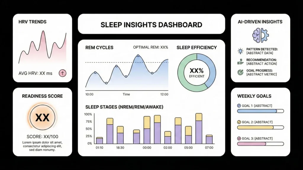 Sleep insights dashboard displaying HRV trends, REM cycles, sleep efficiency, readiness score, and AI-driven recommendations.