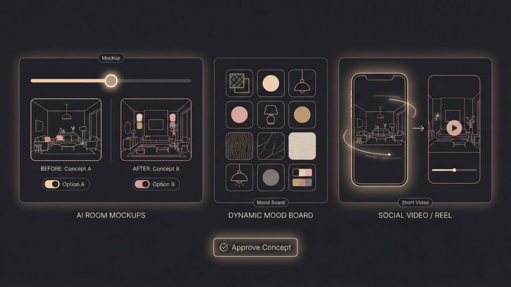 AI-generated room mockups, dynamic mood boards, and short-form social videos used by interior designers to present concepts and attract clients.