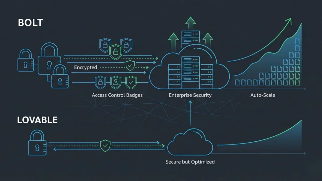 Security and scalability comparison highlighting Bolt’s enterprise security and auto-scaling infrastructure versus Lovable’s optimized secure setup.