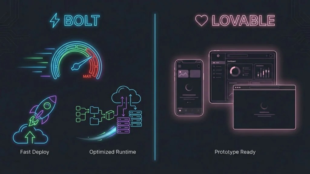 Performance comparison illustrating Bolt’s fast deployment and optimized runtime versus Lovable’s prototype-ready experience.