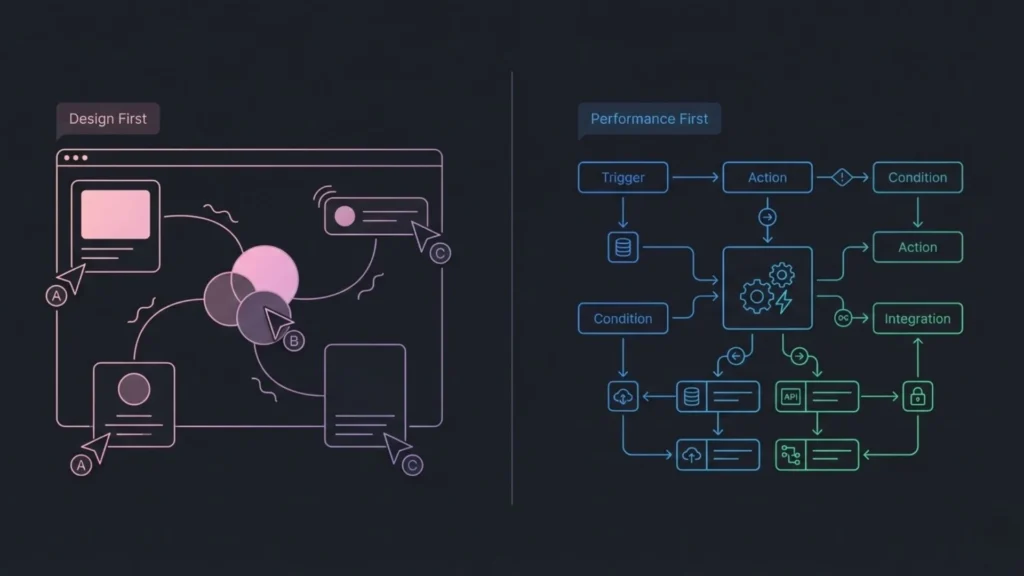 Side-by-side comparison of design-first no-code tools and performance-first platforms using triggers, conditions, actions, and backend logic.