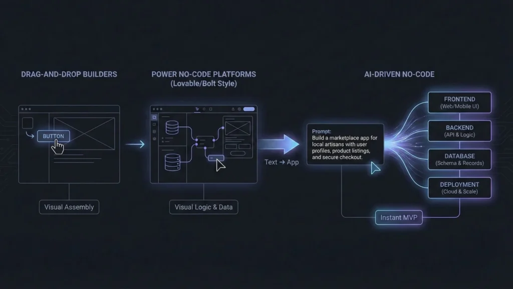 Evolution of no-code development from drag-and-drop builders to AI-driven platforms that generate full-stack applications from text prompts.