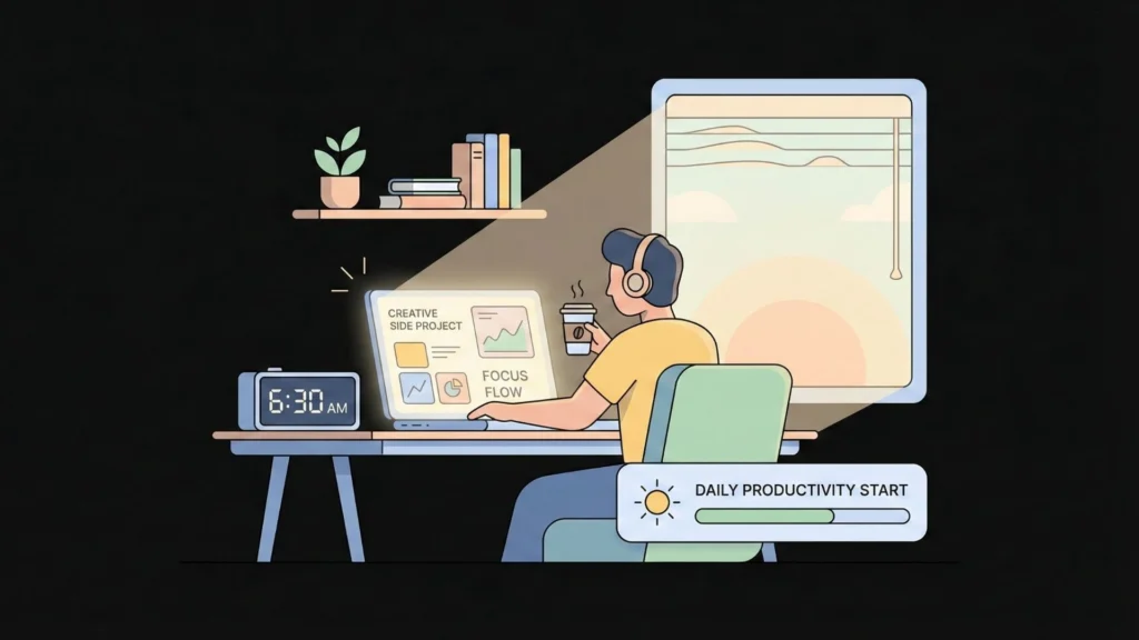 Person working on a creative side project early in the morning after improving sleep habits using an AI sleep coach.