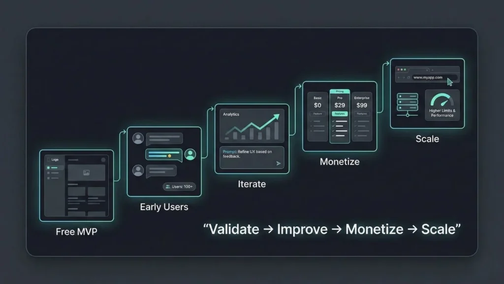 Journey of a free MVP evolving into a scalable SaaS product through iteration, monetization, and growth using AI app builders