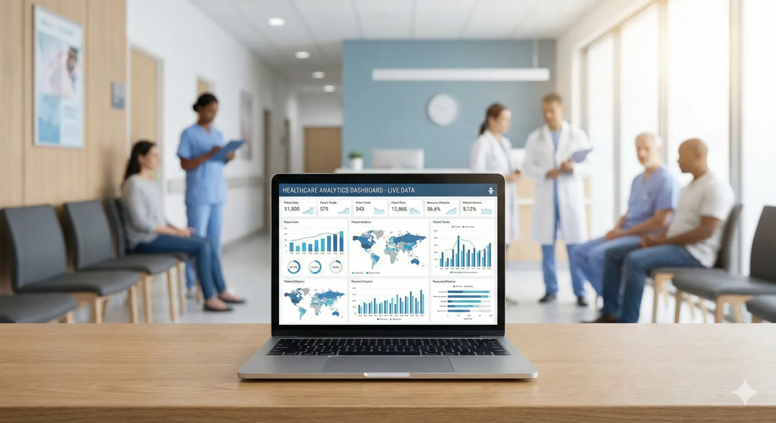 healthcare analytics dashboard on a laptop