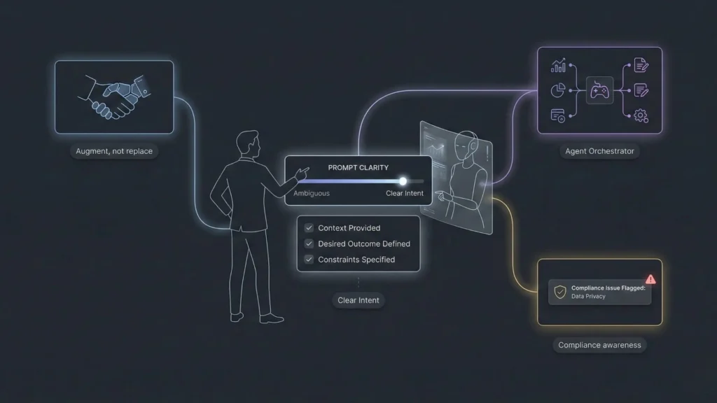 Illustration of human and AI collaboration emphasizing prompt clarity, intent definition, compliance awareness, and AI acting as an adaptive development partner.