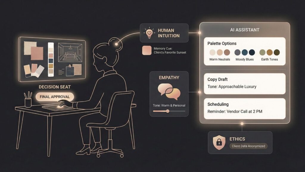 Interior designer combining human intuition, empathy, and final decision-making with AI assistance for palettes, copy drafts, and scheduling.