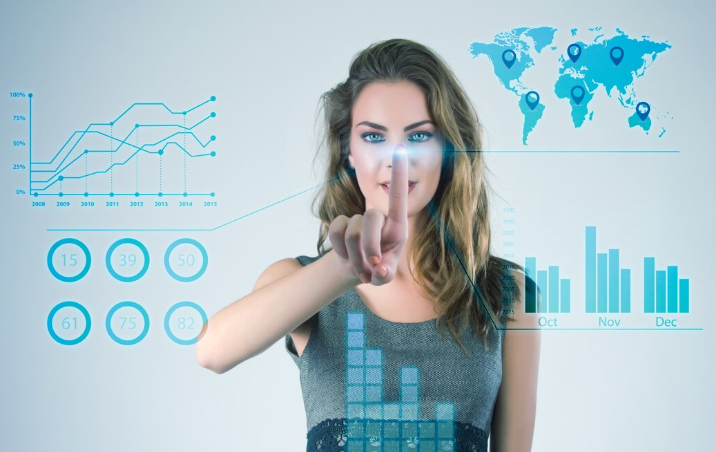 Woman interacting with virtual graphs and world maps using touch.