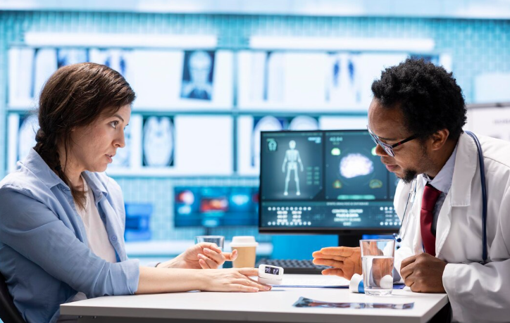 Doctor consulting patient with AI-driven diagnostic tools.