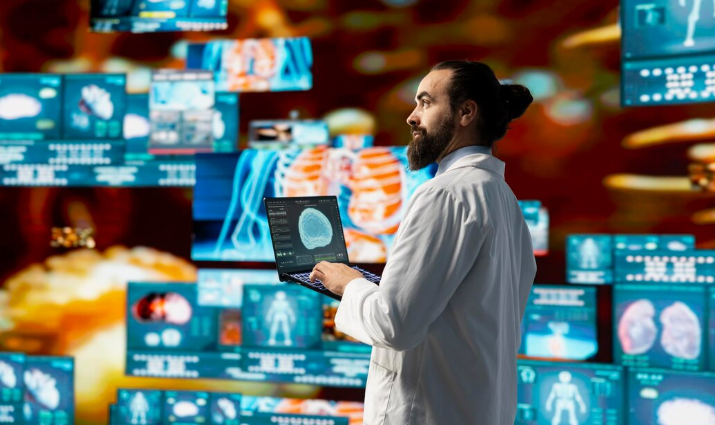 Researcher analyzing advanced medical data with AI integration.
