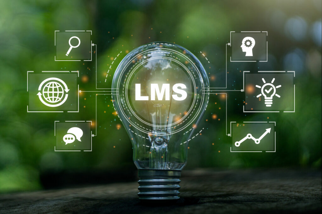LMS lightbulb with interconnected digital icons.