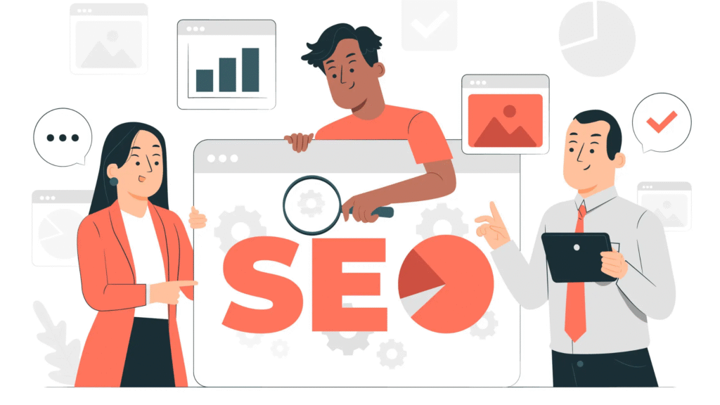 SEO team with graphs, analysis, and digital tools.