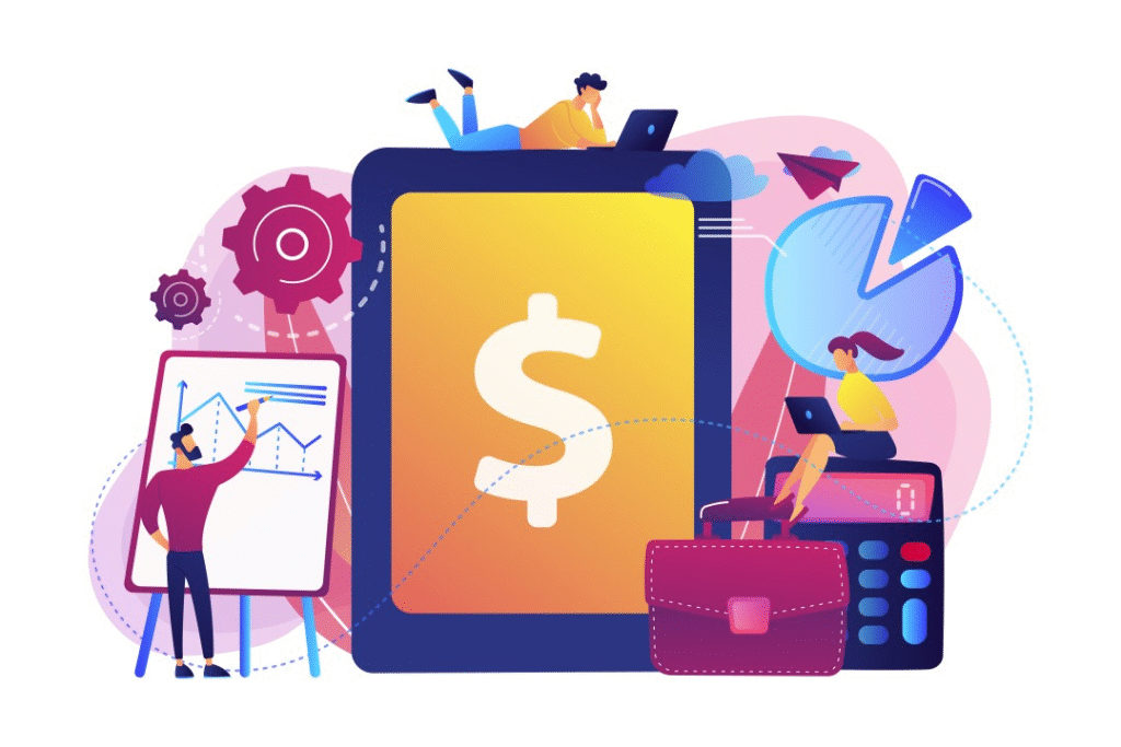 People working on digital financial analysis and data visualization set payment and pricing.