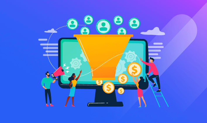Marketing funnel with people and money symbols promote the business.