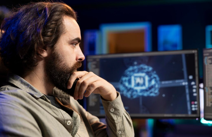 Developer focused on AI programming at his workstation.